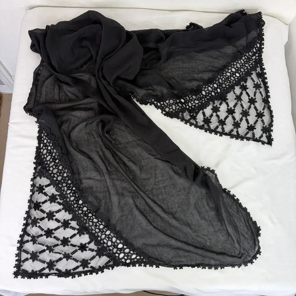 Black Rectangular Eyelet With Mesh Panels Black Scarf, Chic, Stylish, Everyday